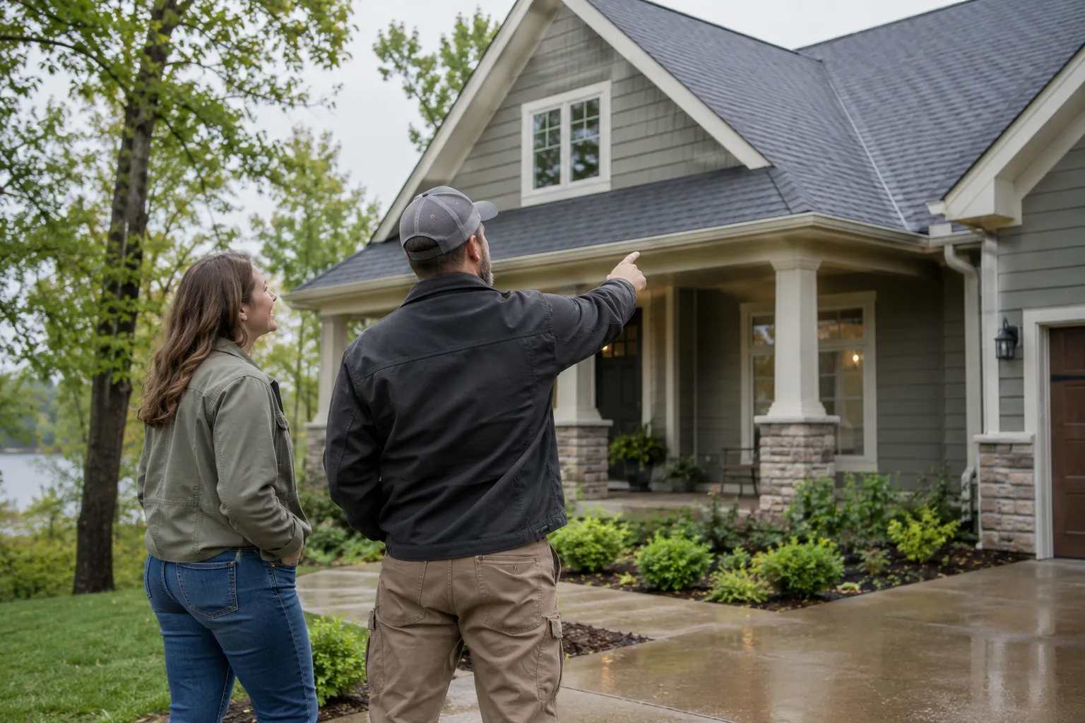 Homeowner reviewing a roofing quote with a provider in front of a house in Hubbard